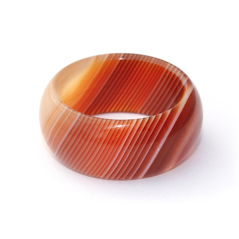 Estate Banded Agate Ring Size 7.5 Red Orange Carved Gemstone Domed Wide Band